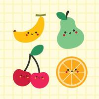 Set of cute kawaii vegetable illustrations with smiling faces in bright colors perfect for kids learning stickers educational content and fun food themed design projects vector