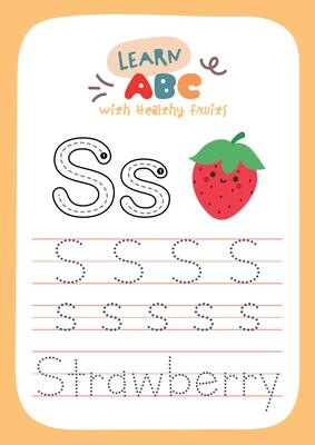 Printable worksheet with cute kawaii fruit theme for kids to trace alphabet letters while learning about healthy fruits fun activity for preschool and kindergarten education.