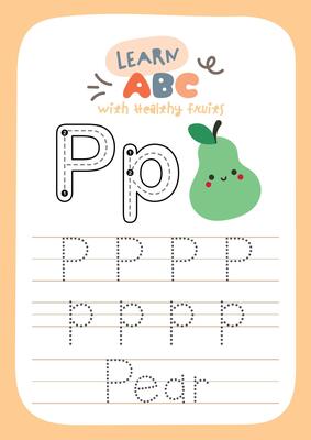 Printable alphabet worksheet with kawaii fruit characters designed for kids to trace letters while learning about fruits perfect for preschool and kindergarten activities