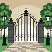 Ornate gate illustration with trees and lamp posts vector