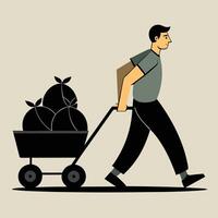 Man pulling cart full of trash bags minimalistic illustration vector