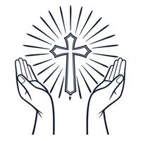 Hands holding christian cross with light rays illustration vector