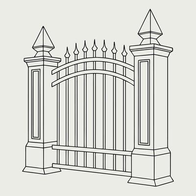 Black and white minimalist illustration of ornate gate
