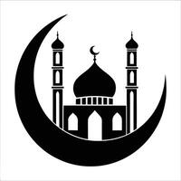 Black and white silhouette of a mosque with crescent moon vector