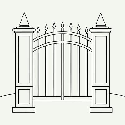 Simple black and white outline illustration of an ornate metal gate