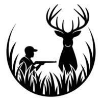 Silhouette of hunter aiming at deer in tall grass design vector