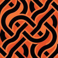 Interwoven black geometric shapes on orange seamless pattern design vector