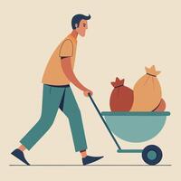 Man pushing wheelbarrow full of bags colorful illustration vector