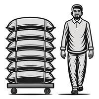 Monochrome cartoon illustration depicting a man and a stack of sacks on a cart vector