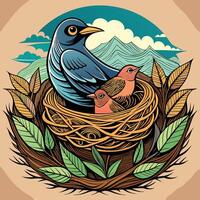 Bird family in nest illustration with mountain background nature concept vector