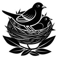 Silhouette illustration of two birds in a nest resting on leaves vector