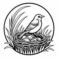 Bird on nest with eggs in grass field illustration black and white vector