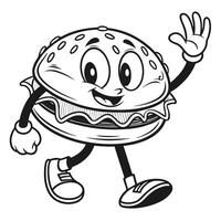 Happy waving burger cartoon character illustration for menu design and branding elements vector