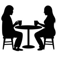 Black silhouette of two women at a coffee table having drinks and conversation vector