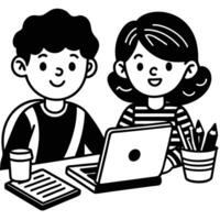 Two cartoon students study together at desk with laptop and notebook vector