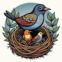 Bird family illustration with nest and leafy branches in cartoon style vector