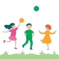 Children playing cheerfully with colorful balls in a vibrant meadow vector