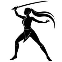 Silhouette of a female warrior with sword in attack stance on white background vector