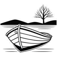 Black and white illustration of a boat on water with a tree background vector