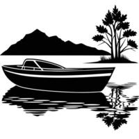 Silhouette of a speedboat on lake with mountain and tree black and white vector