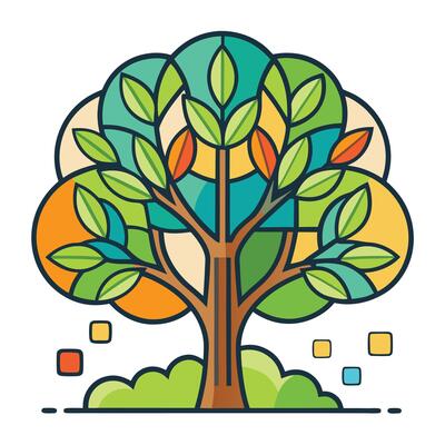 Stylized tree illustration with green canopy and vibrant color blocks design