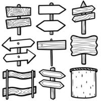 Variety of wood signpost line art illustrations of directional and decorative indicators in white background vector