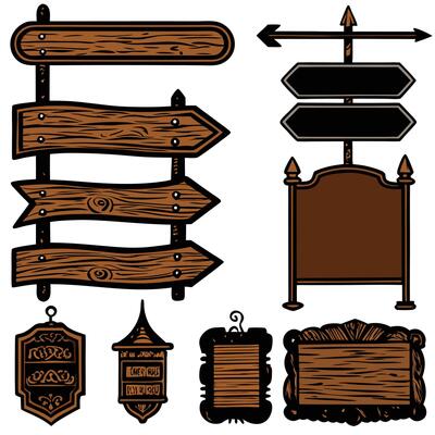 Collection of cartoon wooden signs arrows and decorative boards for navigation and advertisements