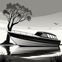 Monochrome art of a motorboat anchored near shore at dusk with birds flying vector