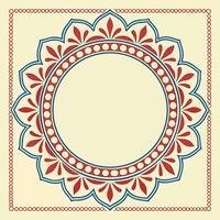 Decorative mandala frame with floral elements and geometric border in red and blue colors vector