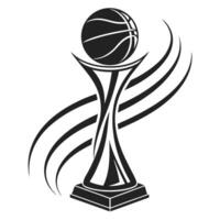 Black and white illustration of basketball trophy with abstract curved lines vector