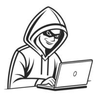 Hacker character with laptop computer monochrome illustration for cyber security themes and internet crime vector