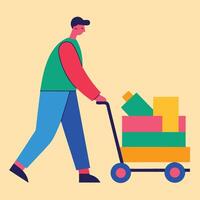 Colorful flat illustration of delivery man carrying cart filled with boxes vector