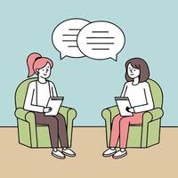 Two people in therapy session cartoon illustration discussing issues in a comfortable setting vector