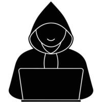 Anonymous hacker in hoodie using laptop black and white silhouette icon illustration vector