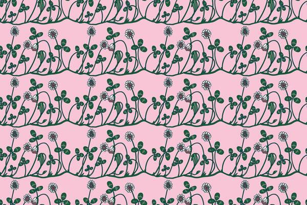 Botanical floral seamless pattern with clover illustration. Repeating clover plants with Flowers Stems Leaves in pink background. Graphic design for Fashion Cover Textile Wedding Greeting Card Poster
