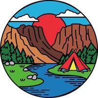 Tent with mountain and river view vector