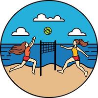 Two women are playing beach volleyball vector