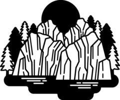 black and white illustration of a mountain range with a sun in the sky vector