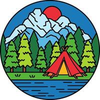 a tent in the middle of a pine forest and snowy mountains vector