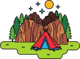 The tent is located in the middle of the mountain view vector