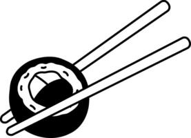 black and white illustration of a sushi roll with chopsticks vector