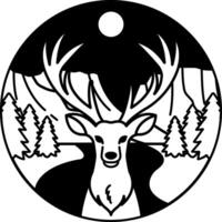 black and white illustration of A deer in front of a mountain landscape vector