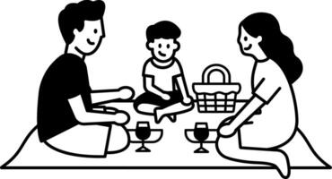black and white illustration of a family enjoying a picnic vector