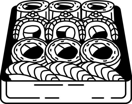 black and white illustration of a japanese sushi bento