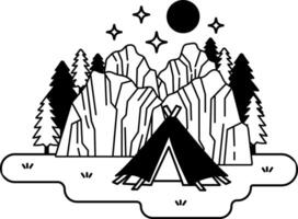 black and white illustration of the tent is located in the middle of the mountain vector