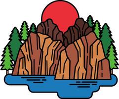 A mountain range with a red sun in the sky vector