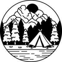black and white illustration of a tent in the middle of a pine forest and snowy mountains vector