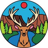 A deer with antlers standing in front of a mountain landscape vector