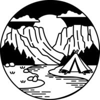 black and white illustration of a tent with mountain and river view vector