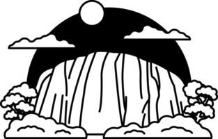 black and white illustration of a mountain with a sun in the sky vector